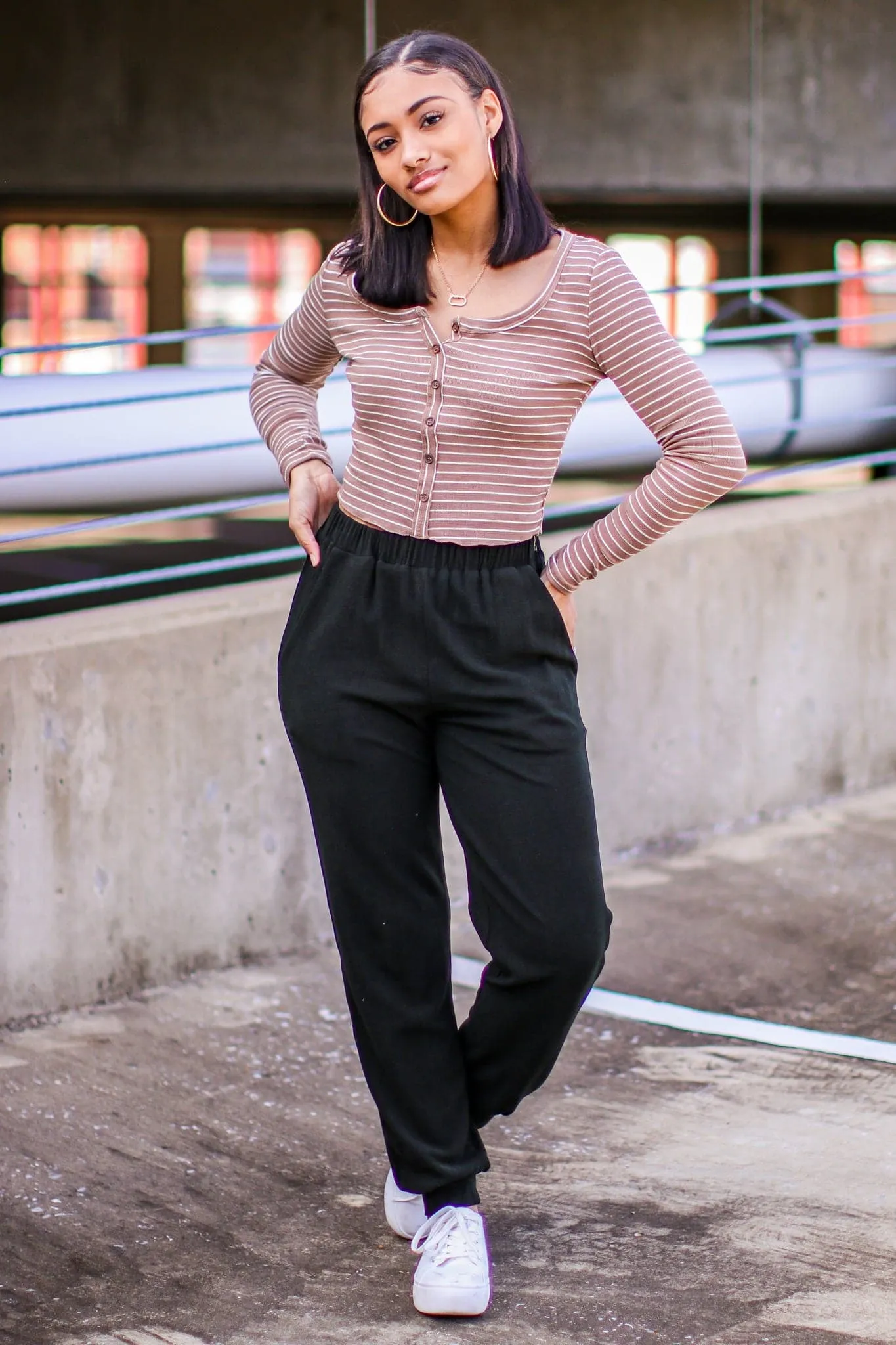 Kellie V-Neck Striped Button Top - FINAL SALE