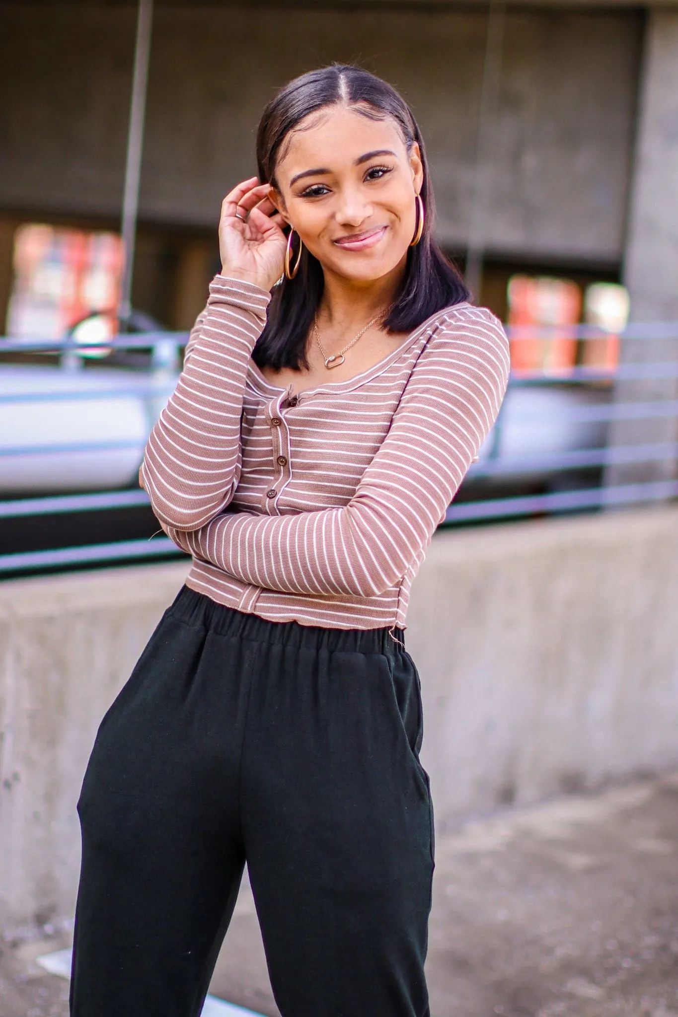 Kellie V-Neck Striped Button Top - FINAL SALE