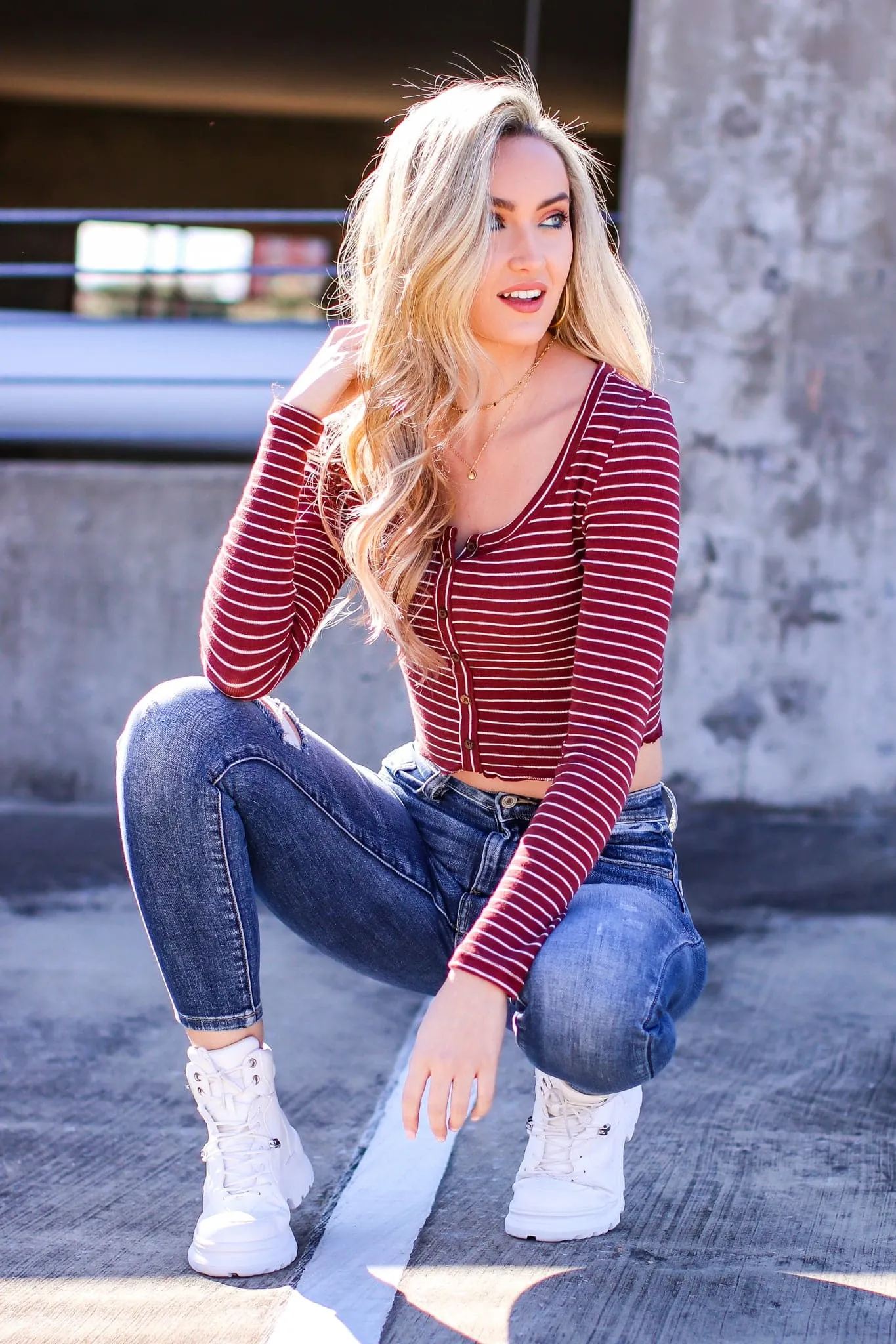 Kellie V-Neck Striped Button Top - FINAL SALE